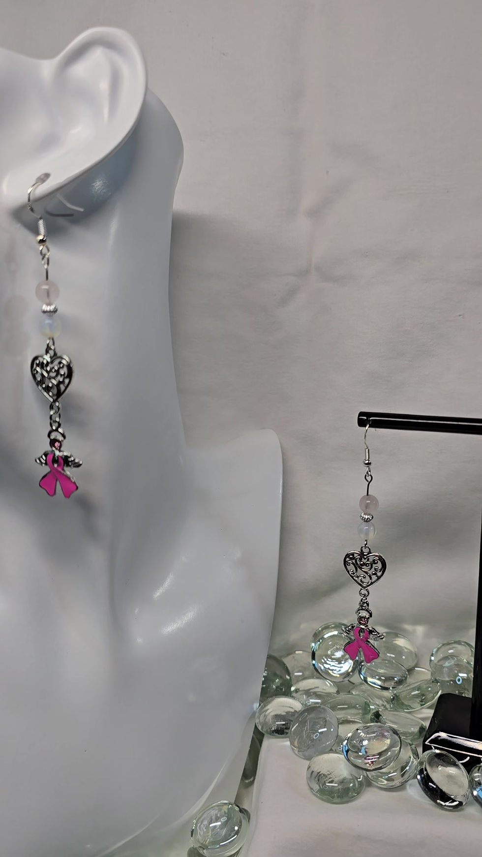 Thumbnail: Stud Earrings with Natural Stone - Breast Cancer Awareness (Rose Quartz...)