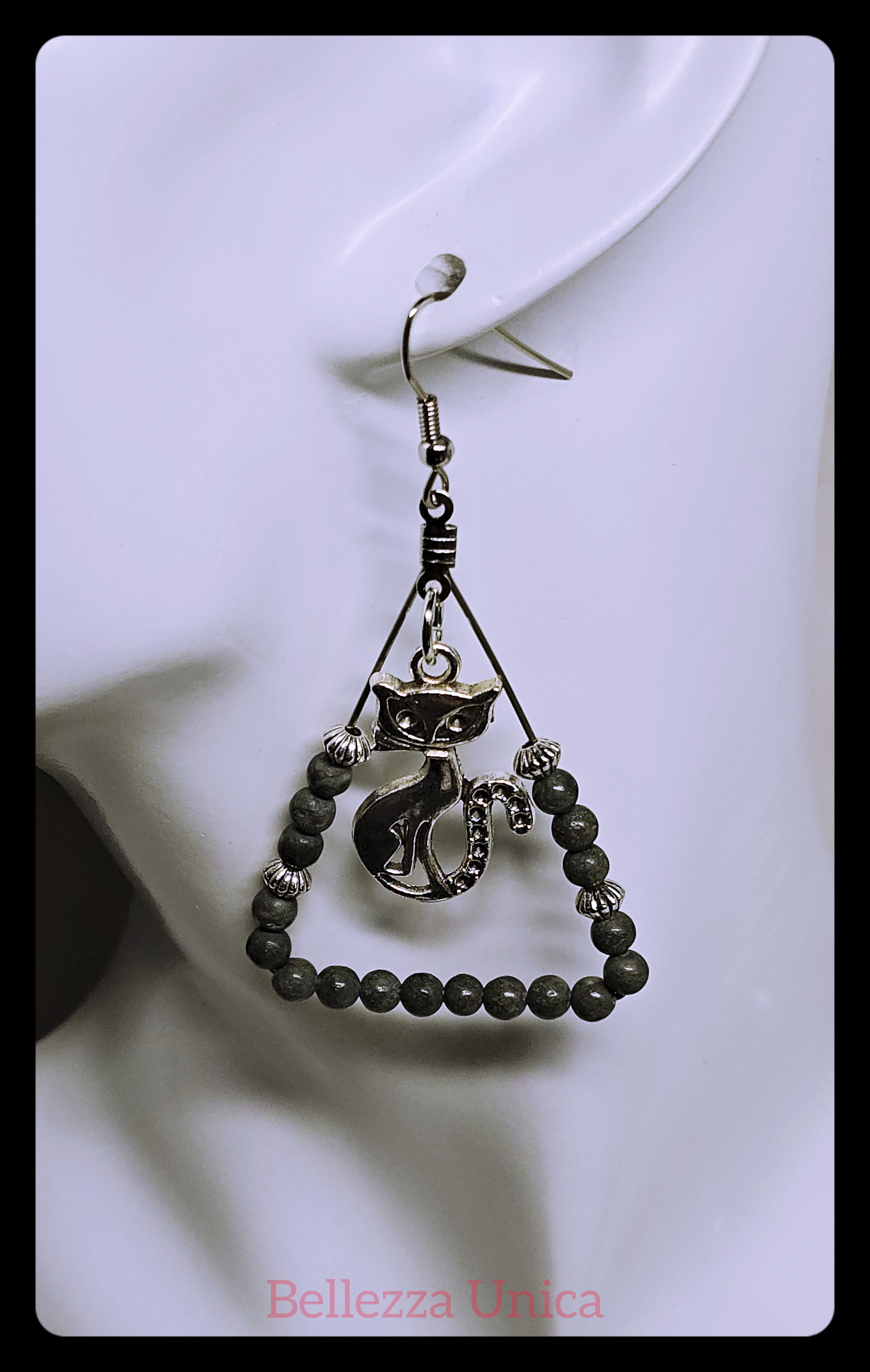 Dangle Earrings with Natural Stone & Charm - Cat (Jade)