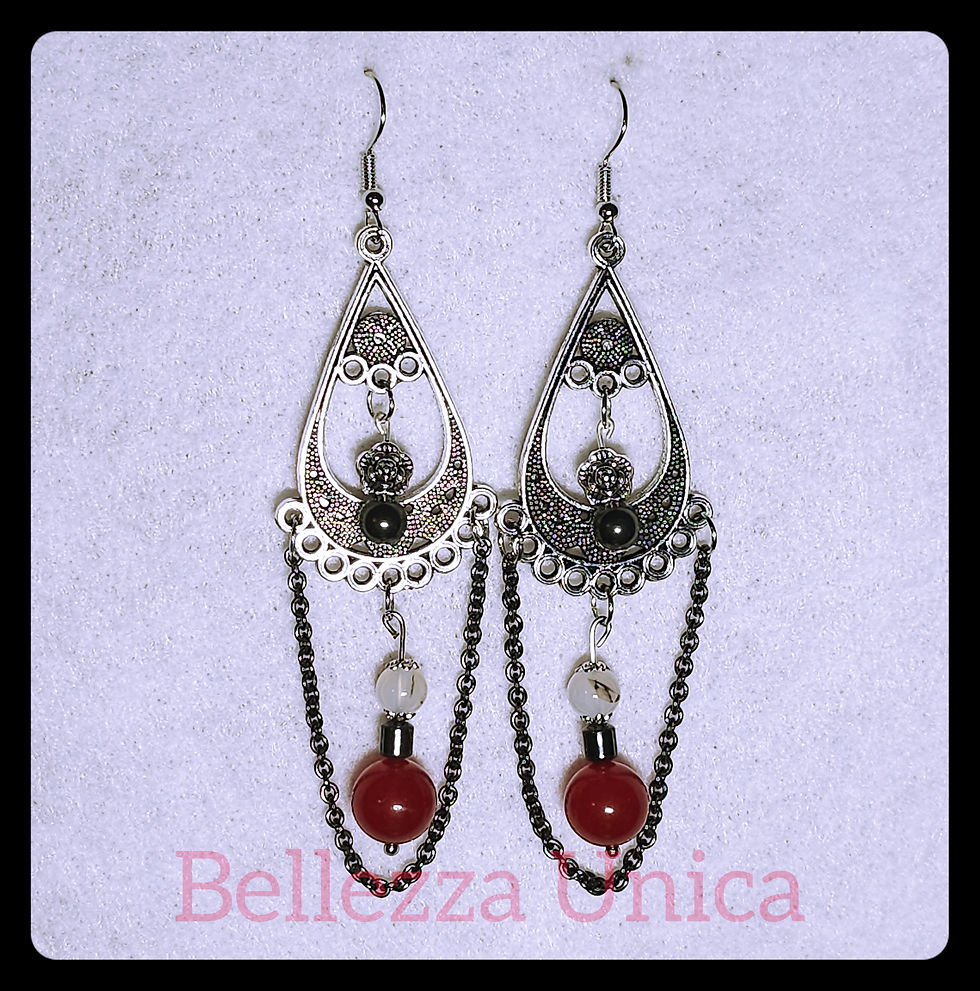 Thumbnail: Chandelier Earrings with Natural Stone - Flowers & Chain (Red Agate�)