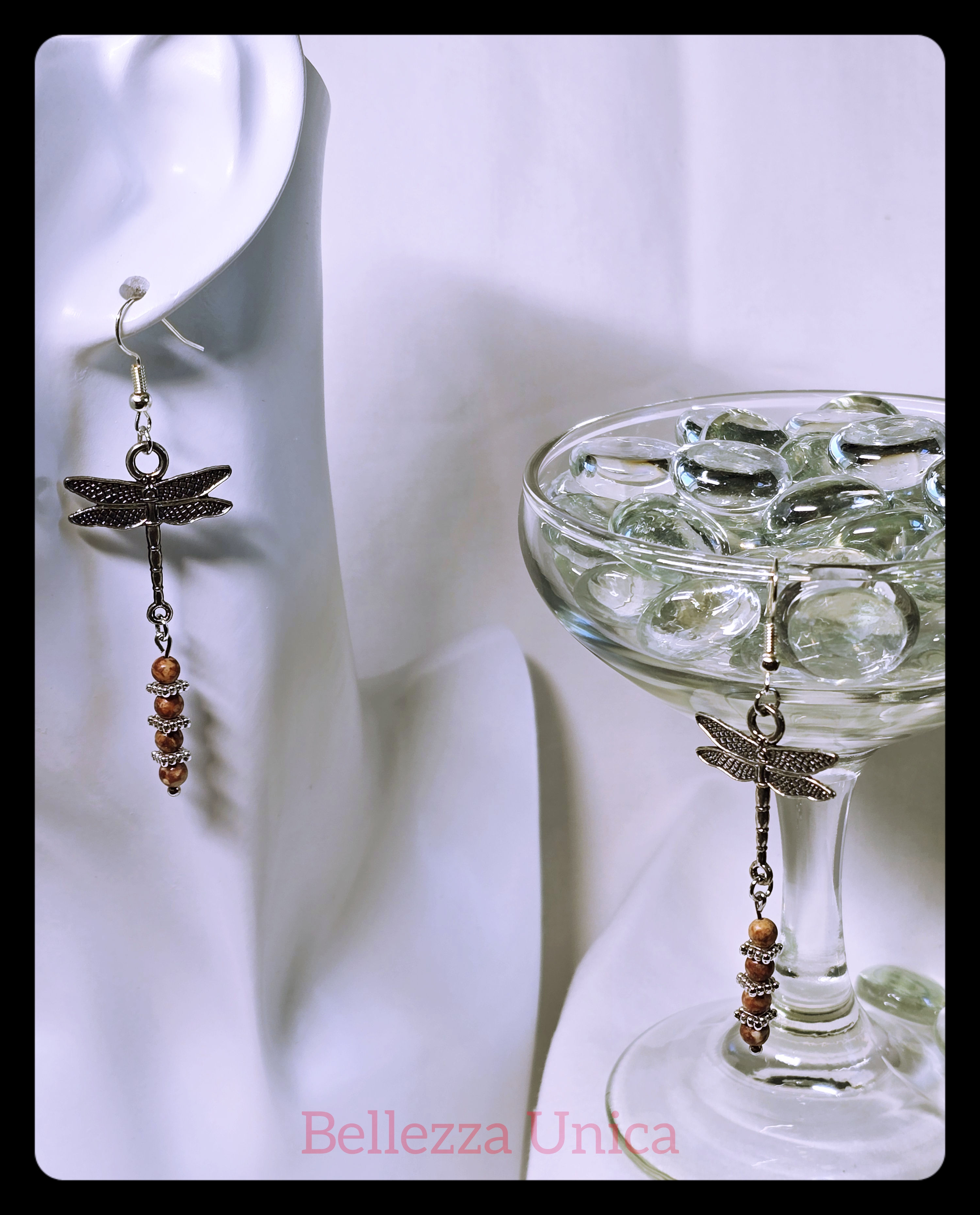 Dangle Earrings with Natural Stone - Dragonfly (Jade)