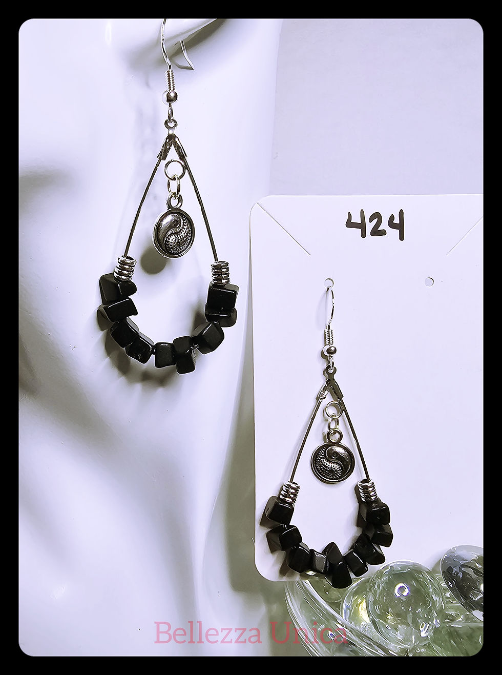 Thumbnail: Tear Drop Earrings with Natural Stone & Charm - Peace/YingYang (Black...)