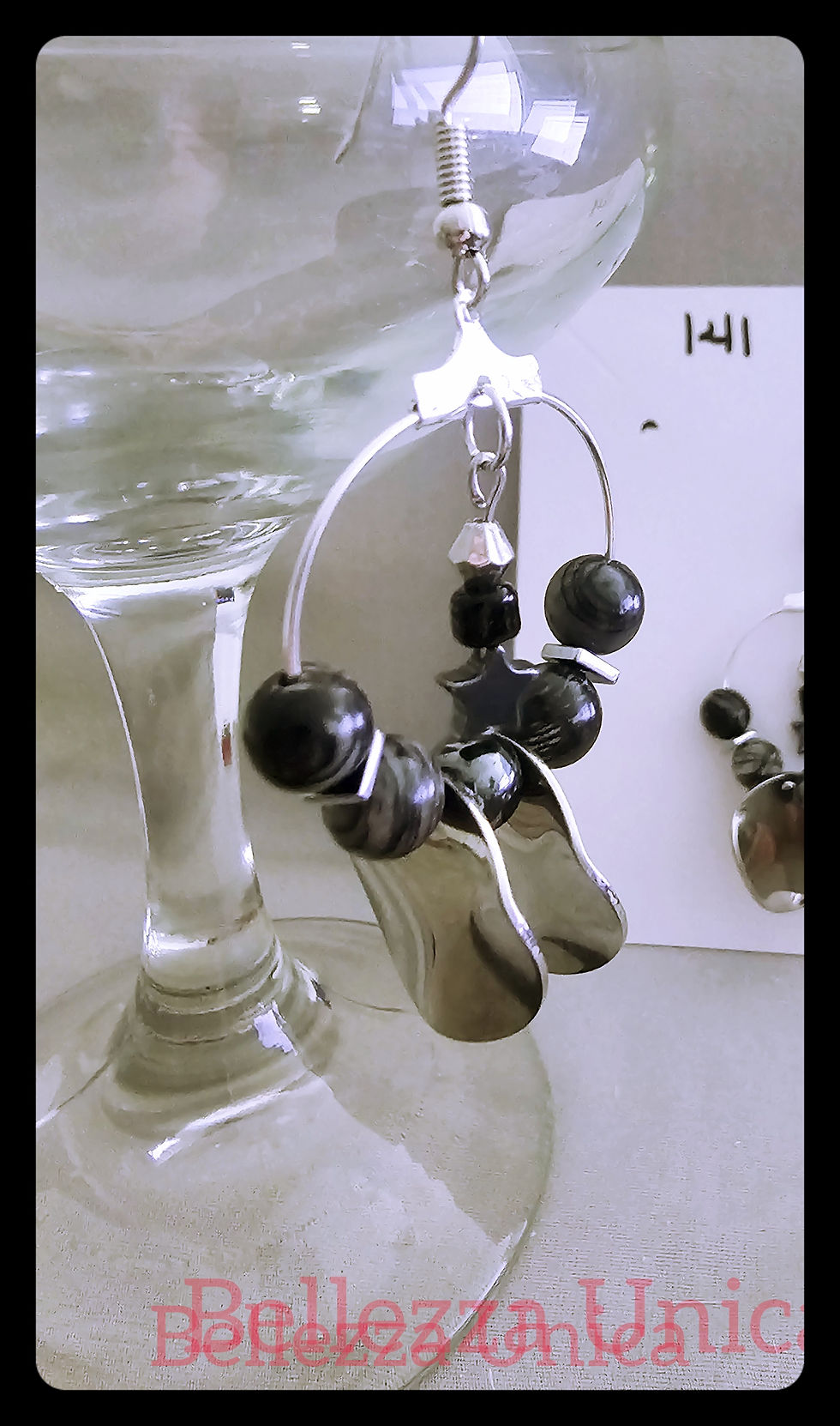 Thumbnail: Hoop Earrings with Natural Stone & Charm - Star (Black Network, Hematite)