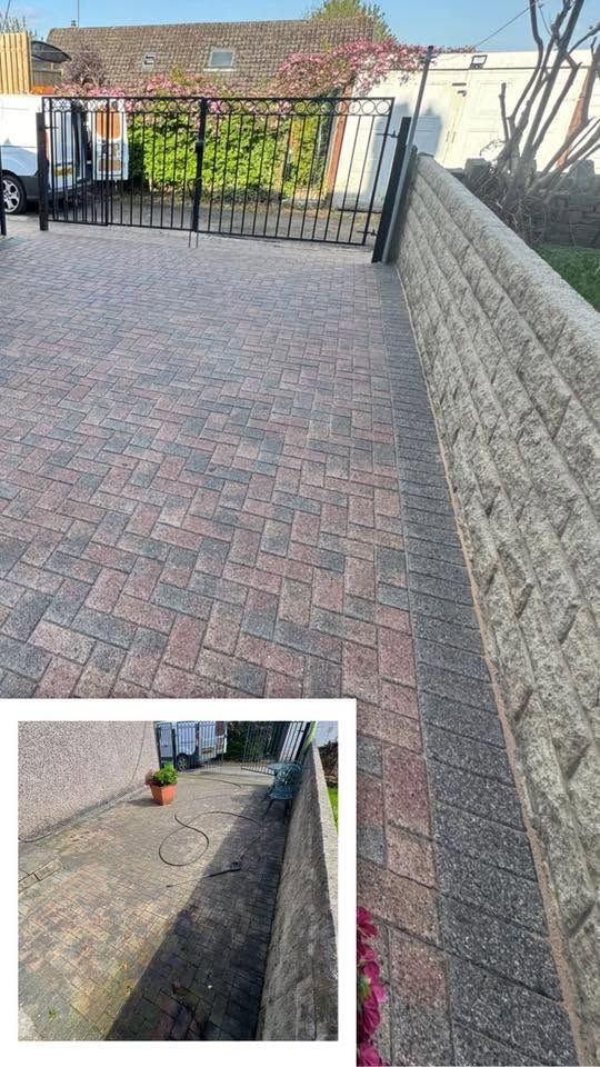 Before and after block paved driveway cleaning showing restored paving