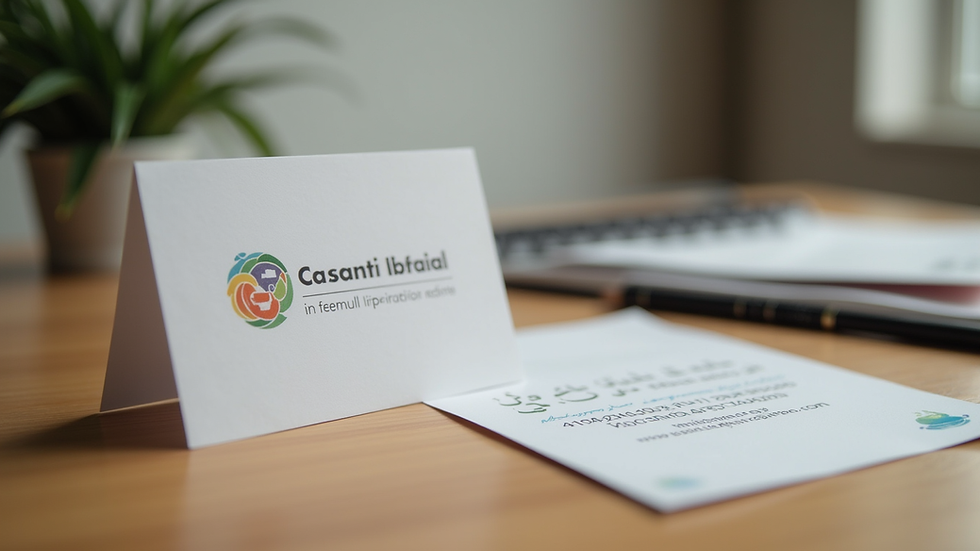 Close-up view of a branded business card and flyer on a wooden desk