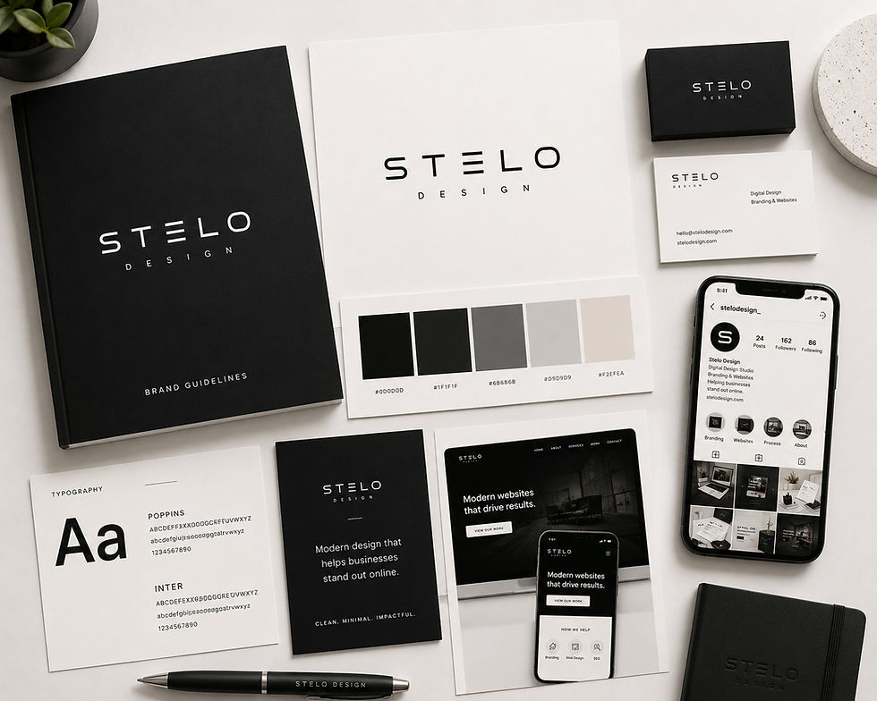 Stelo Design brand essentials including logo and stationery