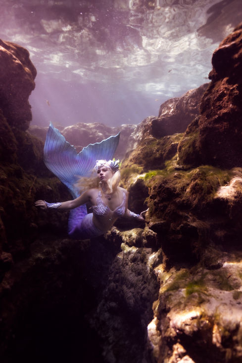 Deep in a rocky underwater canyon, Kalynn basks in the soft, golden beams penetrating the deep. Fish swim past her purple tail, marvel at her pearlescent jellyfish top, her silver whale shark bracers, and seashell crown.