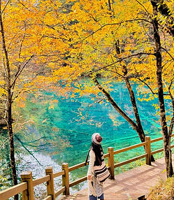 秋の九寨溝での記念撮影: 紅葉とエメラルドの湖を背景に、観光客が笑顔で撮影する秋の一枚。