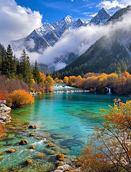 九寨溝の「五花海」や「鏡海」に映る山々と森が、まるで絵画のようなグラデーションを描き出す。四季それぞれに異なる色彩の世界が広がる絶景です。