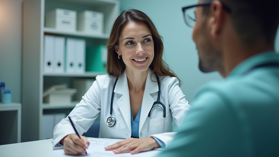Eye-level view of a healthcare professional discussing care plans with a patient