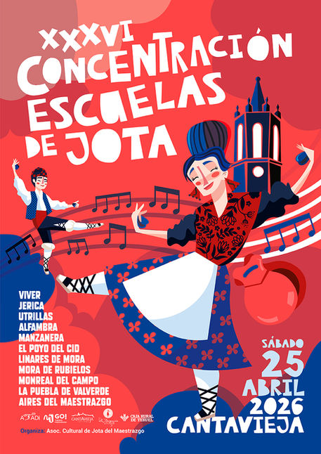 El cartel de la XXXVI Concentración de Escuelas de Jota apuesta por una estética vibrante y contemporánea que fusiona tradición y modernidad. La composición destaca por el dinamismo de los bailadores y el uso de elementos musicales, con una paleta de colores intensos que refuerza su carácter festivo e integra referencias a la identidad local.