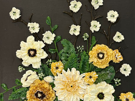 3D Floral Art on brown background with cream flowers