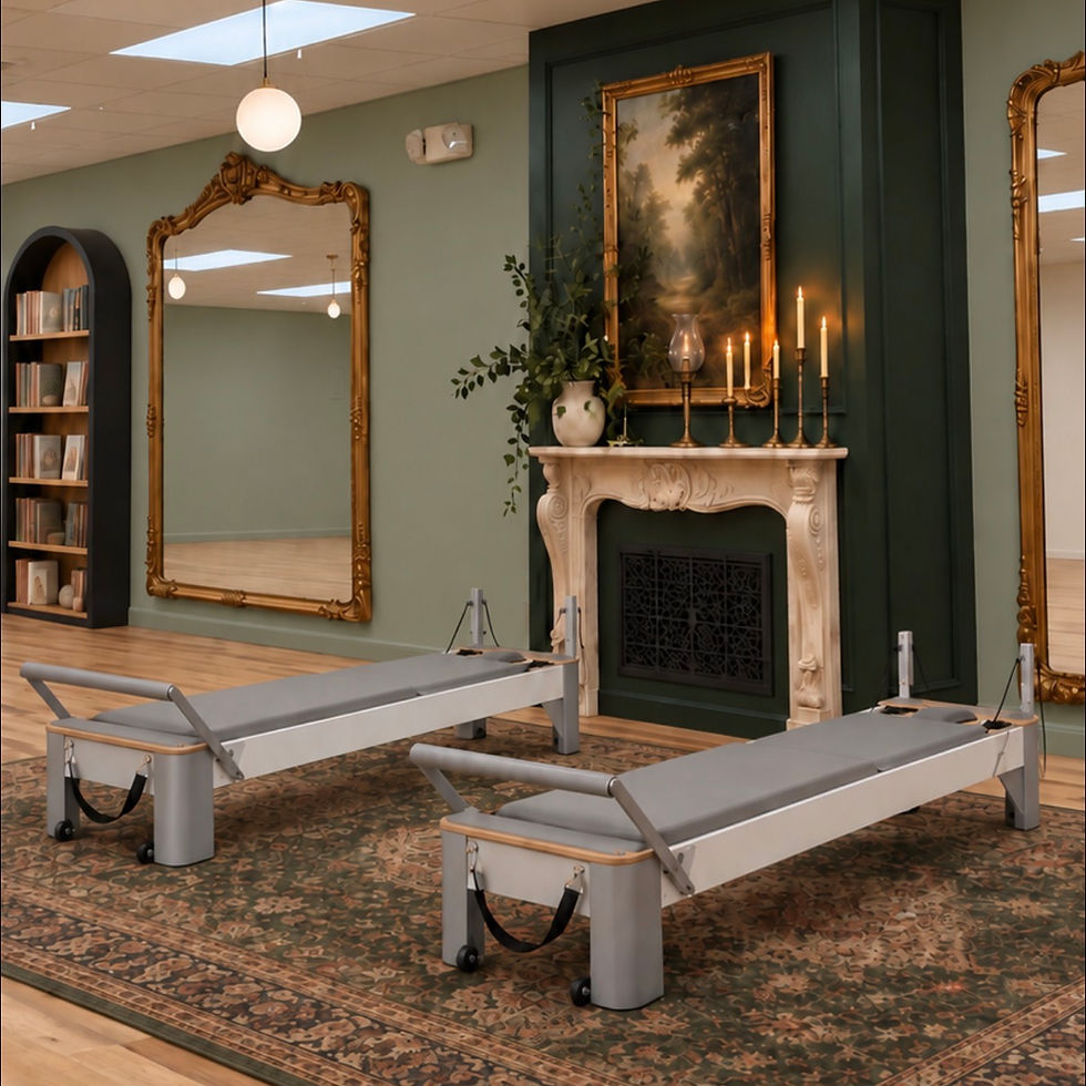 romantasy deep green and blush bookshelves with bookish merch in front are reformer pilate