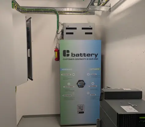 An indoor battery rack in a basement