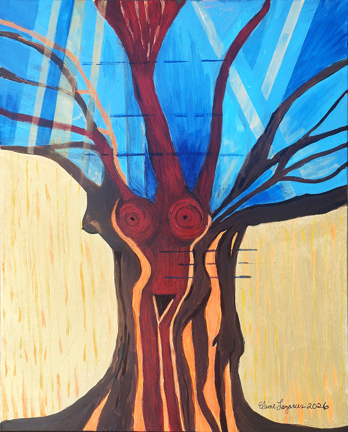 Mutual Power: Structure
Acrylic on Canvas, 24" × 30", 2026
The first painting in the Mutual Power series introduces the idea that our lives are shaped through connection. Female and male figures merge with a branching tree, suggesting that individuality and relationship exist together rather than in opposition.
Blue geometric forms represent the social and cultural structures that influence us, while the tree grows organically within them. Small blue lines hint at the exchange of energy that becomes more visible throughout the series.
Reflection: Connection begins when we recognize that we do not exist in isolation.