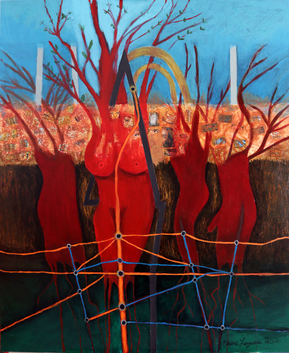 Mutual Power: Transmission, Acrylic and Collage on Canvas, 48"×60", 2026
How do social and cultural systems shape the power we share with others?
Collaged images surround the figures, representing the influences that shape our lives, including media, beauty standards, government, technology, and the economy. Orange lines trace the energy we transmit through our actions, while blue lines represent what is returned through listening, reciprocity, and mutual support. Every interaction has the potential to influence both ourselves and others.
What kind of energy are you transmitting, and what are others inspired to pass on?