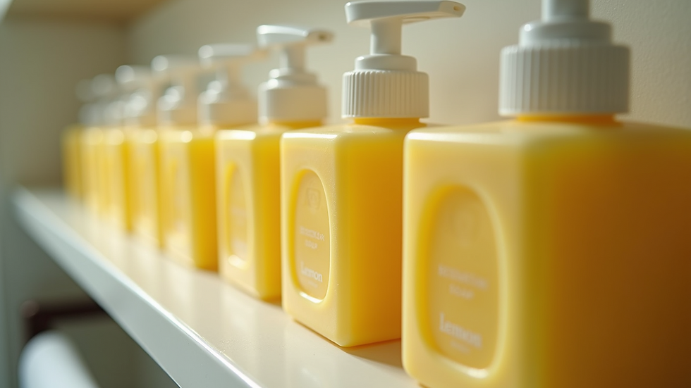 High angle view of a bathroom shelf stocked with lemon soap