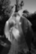 A bride and groom smiling at each other, both under her veil that says "Till Death Do Us Part".