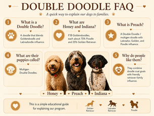 explaining that a Double Doodle combines Goldendoodle and Labradoodle influence, using Honey, Preach, and Indiana as examples from Rock Creek Doodles.