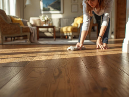 A beautifully designed living room with elegant hardwood flooring, showcasing meticulous craftsmanship and a warm, inviting atmosphere. Sunlight streams in, highlighting the rich texture and natural grain of the wood. A woman in professional attire is gently demonstrating a floor care technique with a soft cloth. The overall aesthetic is clean, modern, and sophisticated, with a shallow depth of field that keeps the focus on the flooring and the expert.