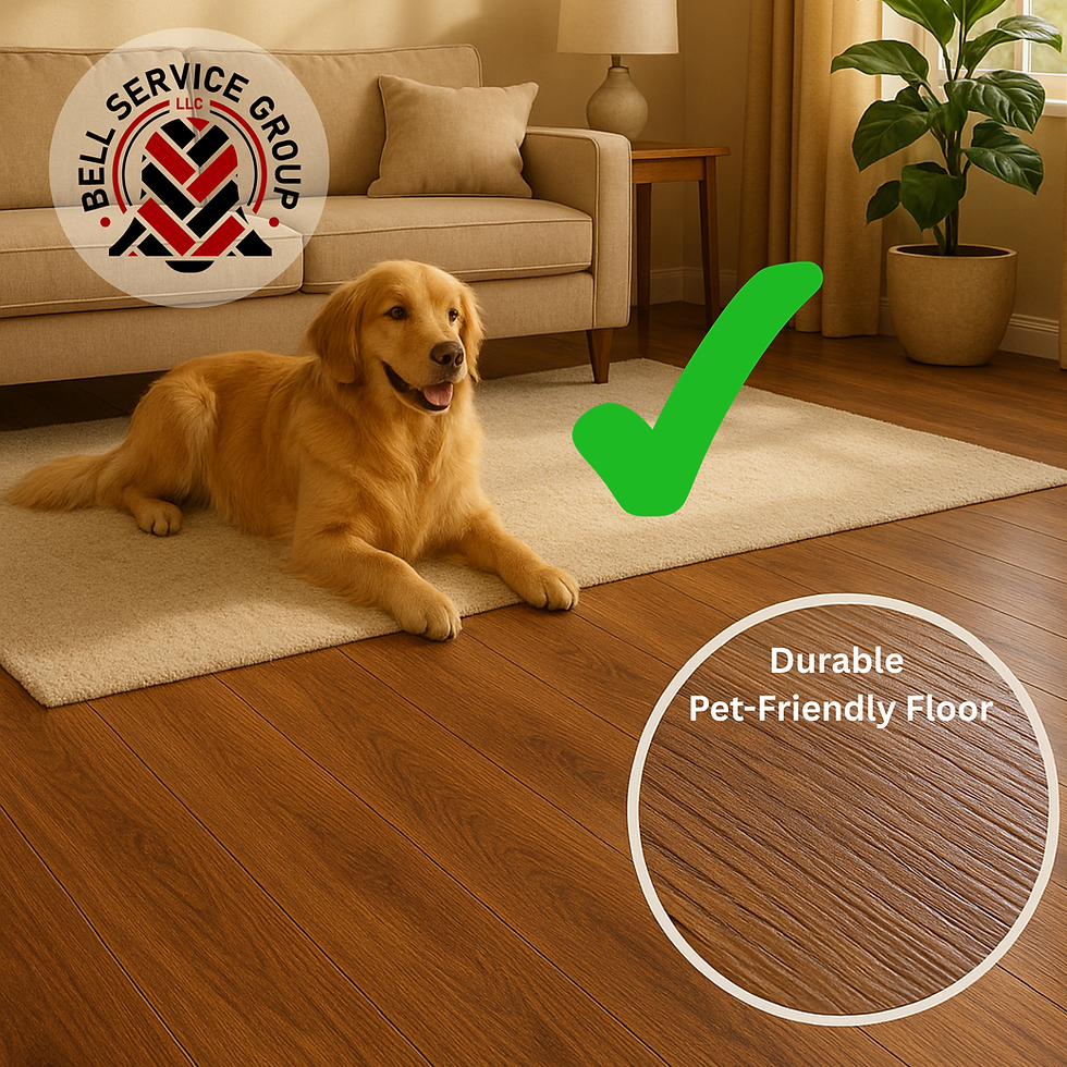 A cozy and sunlit family living room, bathed in warm natural light that enhances the inviting atmosphere. A golden retriever is peacefully lounging on a plush, large rug. The flooring is depicted as highly durable, scratch-resistant vinyl plank, with a magnified circular inset that clearly showcases the intricate texture and advanced protective coating. The overall scene reinforces a sense of comfort and long-lasting resilience.