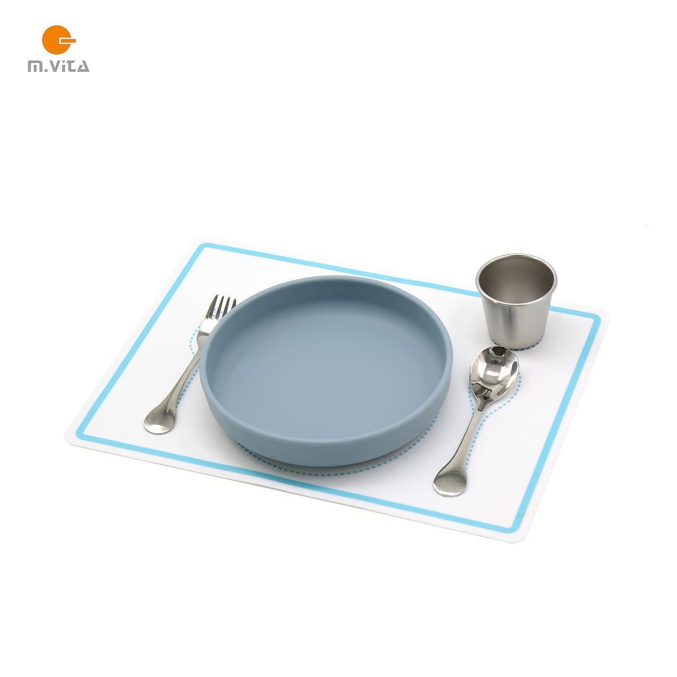 Thumbnail: Close-up side view of Montessori-style toddler plate with stainless steel cup and fork on BPA-free silicone placemat