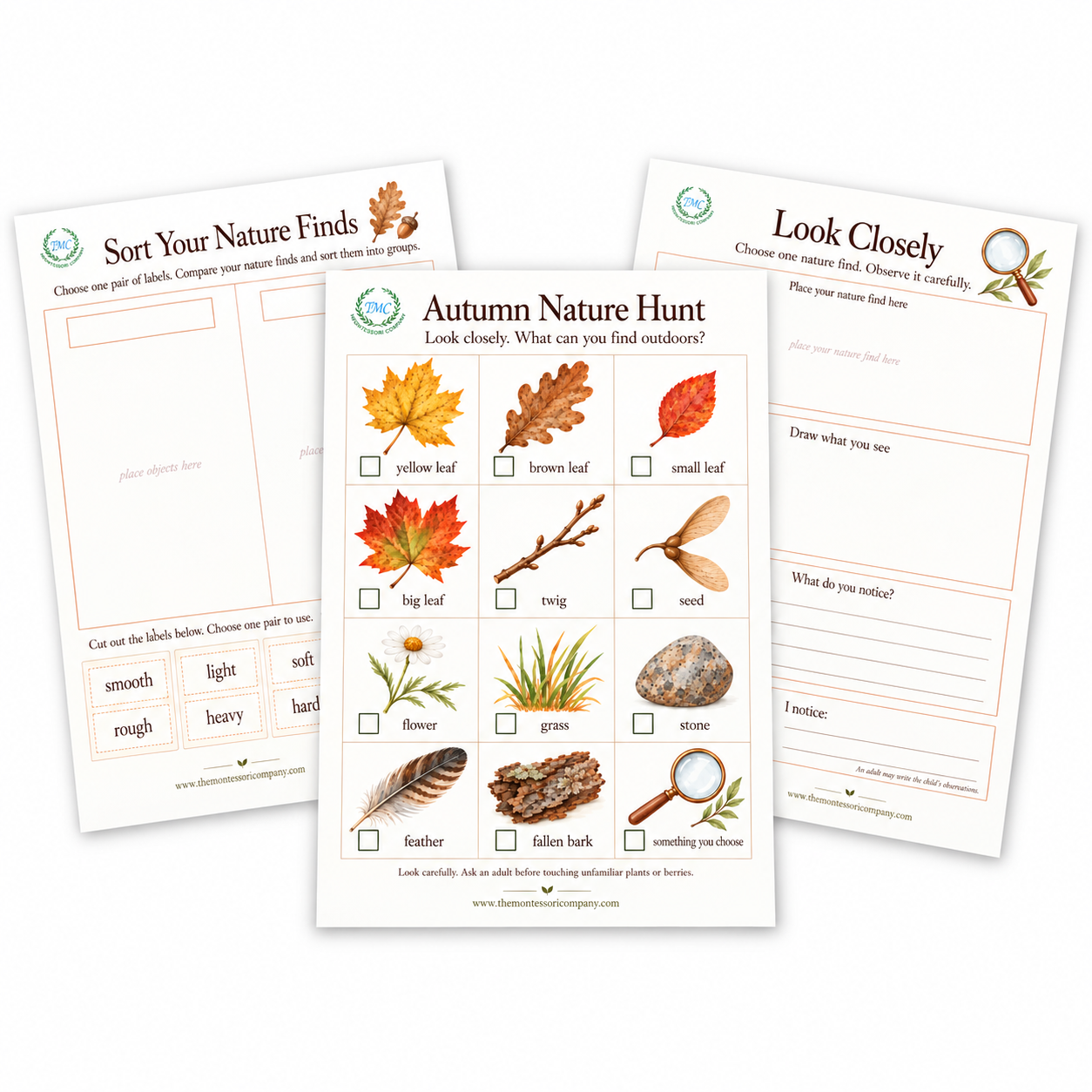 Montessori fall activities printable with 3-page autumn nature hunt