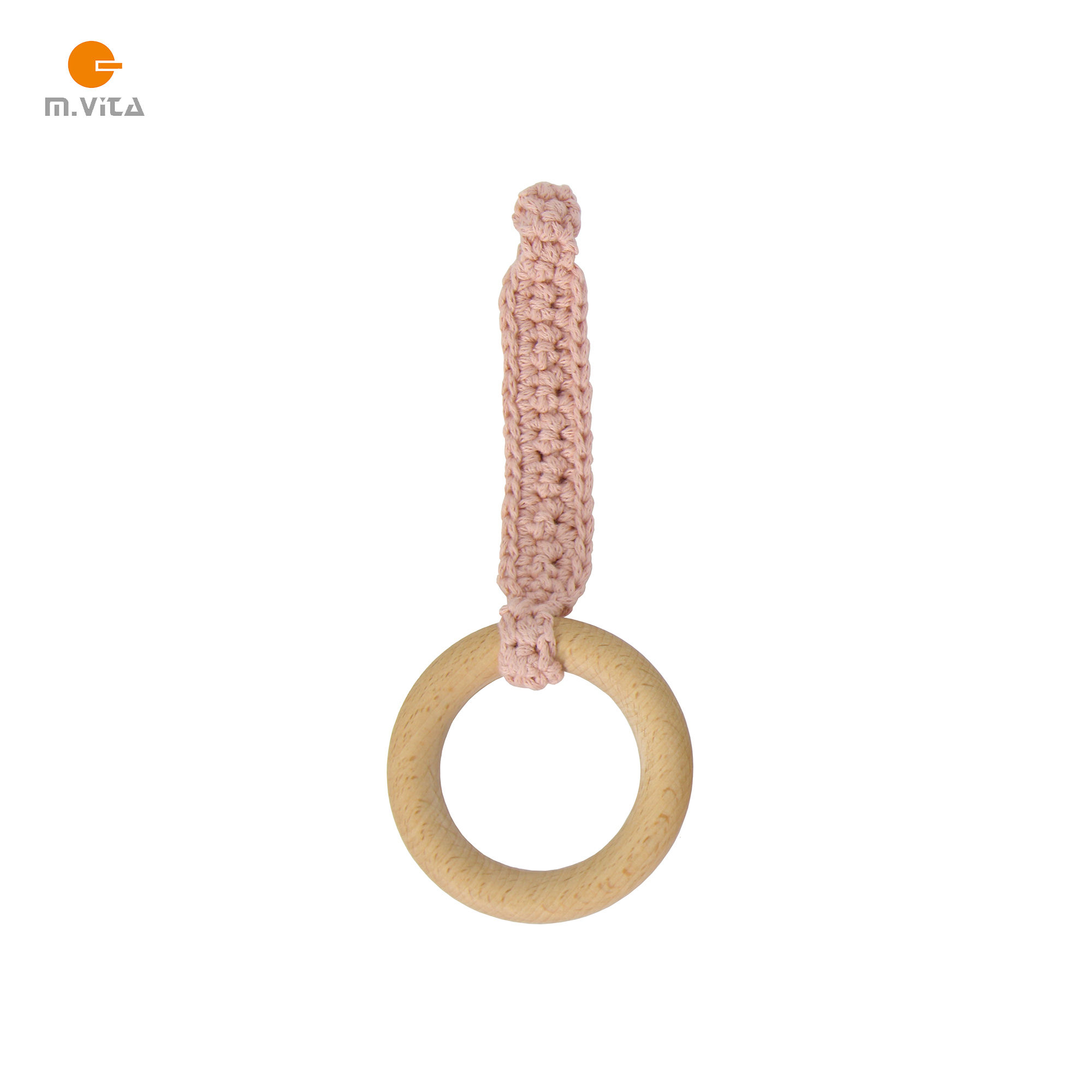 Montessori ring on a cotton crochet ribbon in rosewood pink.