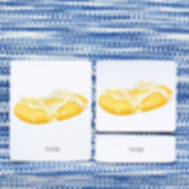 Montessori bathroom 3-part cards with soap illustration and matching label cards