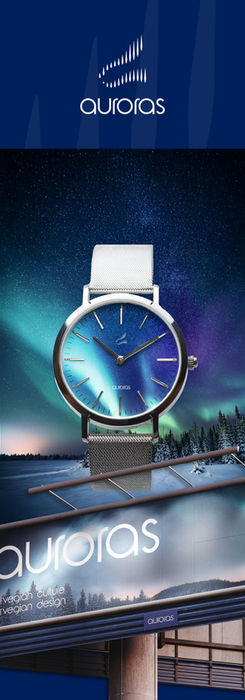 Branding et identité visuelle d’Auroras Watches, marque de montres inspirée des aurores boréales, créés par Dimi Pixels, graphiste freelance.