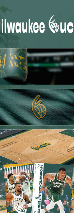 Projet de rebranding des Milwaukee Bucks présenté à travers des mockups réalistes, avec une identité visuelle sportive et moderne créée par Dimi Pixels, graphiste freelance.