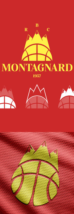 Logo du RBC Montagnard combinant subtilement un ballon de basketball, une montagne et une couronne pour représenter l’identité du club, créé par Dimi Pixels, graphiste freelance.