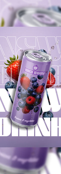 Poster publicitaire pour une boisson énergisante à base de fruits, avec une direction artistique colorée et dynamique créée par Dimi Pixels, graphiste freelance.