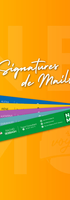Signatures d’e-mails personnalisées pour une agence de voyage, avec une couleur distincte pour chaque employé, conçues par Dimi Pixels, graphiste freelance en communication visuelle.