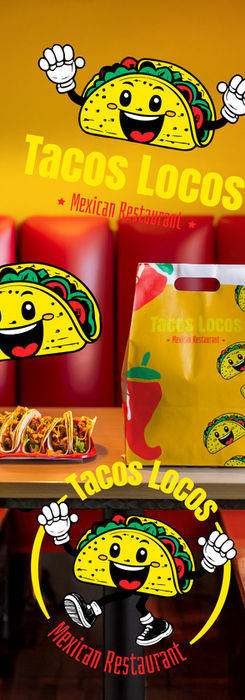 Identité visuelle et logo Tacos Locos créés par un graphiste freelance (Dimi Pixels) pour un restaurant mexicain, avec un univers graphique coloré, dynamique et convivial.