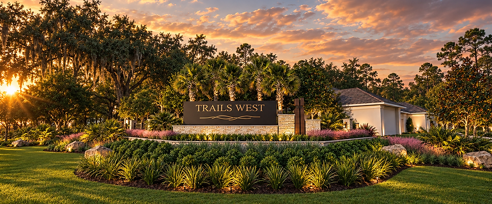 Trails West entrance sign with landscaping at sunset