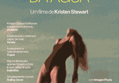 Pôster do filme "A Cronologia da Água". Centralizada, uma imagem desfocada e artística mostra uma mulher de maiô vermelho, com o corpo arqueado, flutuando em águas turquesas. No topo, o título em letras amarelas e os textos "Um filme de Kristen Stewart" e "com Imogen Poots". Inclui logotipos de festivais como Cannes e citações elogiosas da crítica.