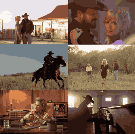 Montagem com seis imagens da série Rancho Dutton. No topo, Beth Dutton (Kelly Reilly) e Rip Wheeler (Cole Hauser) aparecem em momentos de cumplicidade e tensão em um rancho. No centro, um cowboy cavalga em velocidade por um campo aberto e Beth caminha decidida entre pastagens com dois homens ao fundo. Na base, a atriz Annette Bening aparece sentada em um escritório rústico com livros, e um homem de chapéu é visto em silhueta dentro de uma construção de madeira. Crédito da foto: Emerson Miller/Paramount+