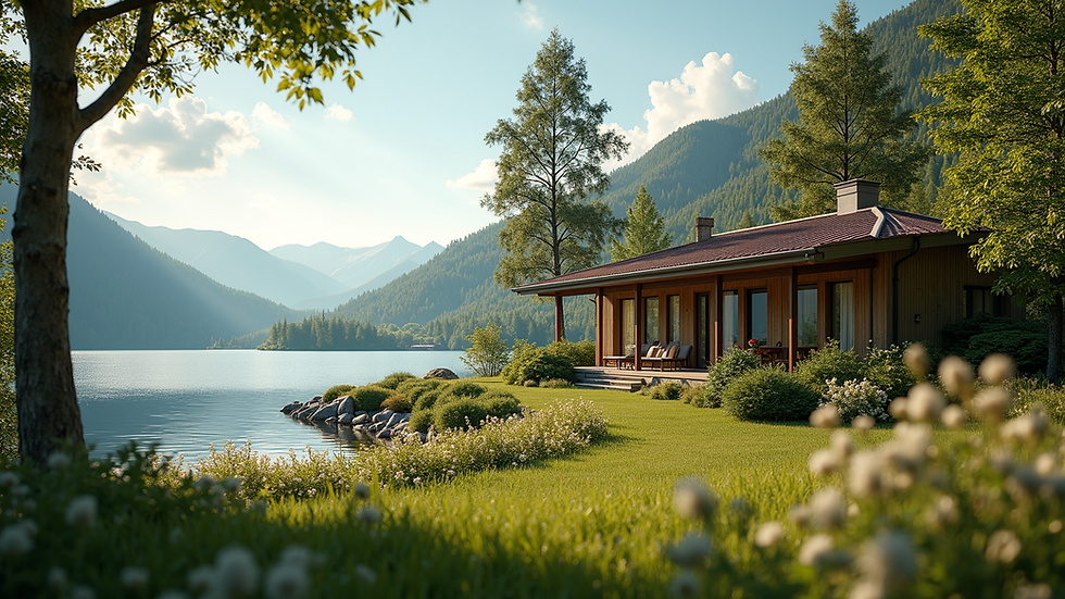 Eye-level view of a cozy lakeside villa with a garden
