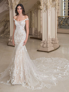 Front view of the discontinued ÉLYSÉE LAKME wedding dress, available as a designer sample sale bridal gown at Js Couture London