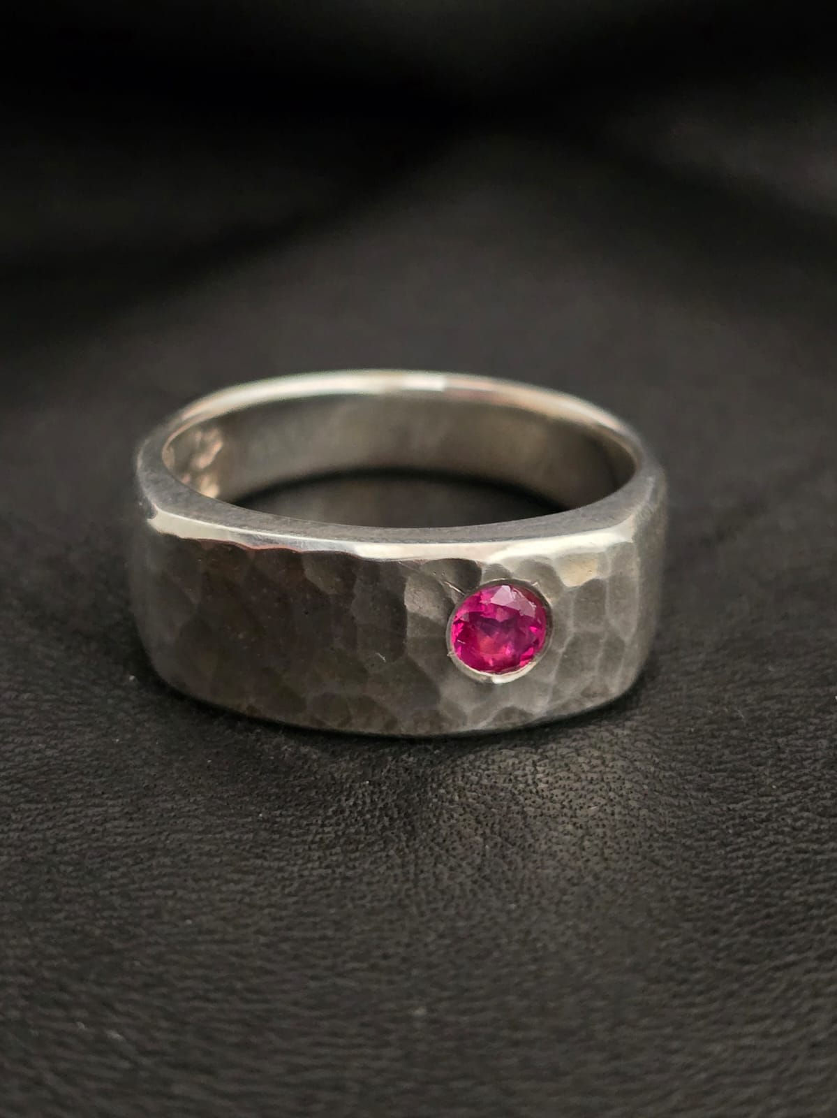 Men’s Hammered Silver Ring with Kashmir Ruby