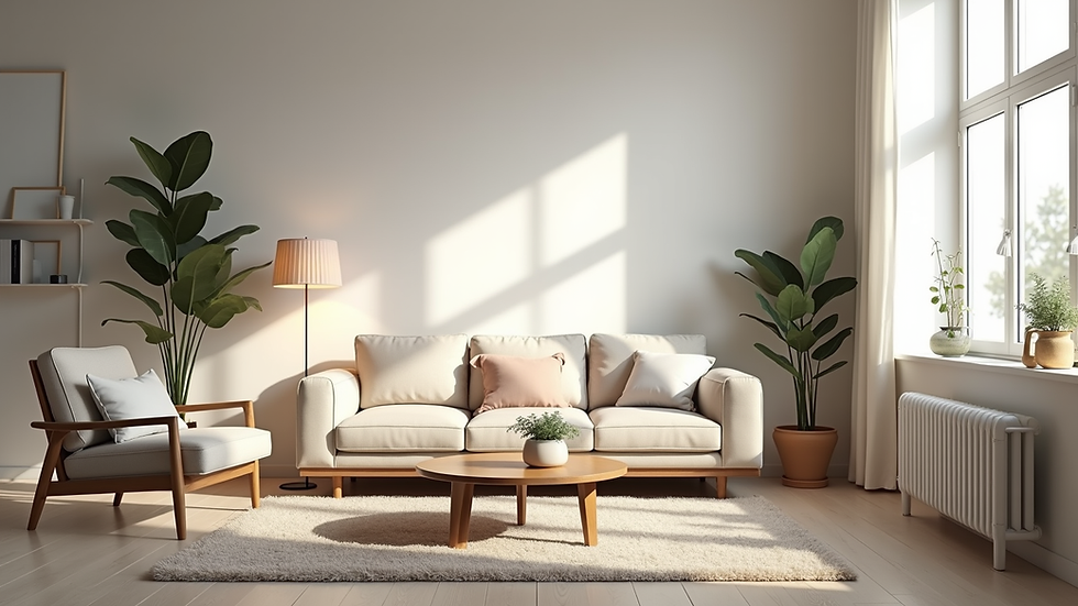 Eye-level view of a clean and organized living room with minimal furniture