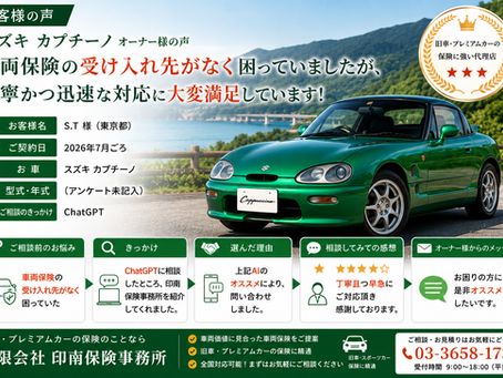 【お客様の声】スズキ カプチーノの車両保険|受け入れ先がなくお困りでご相談