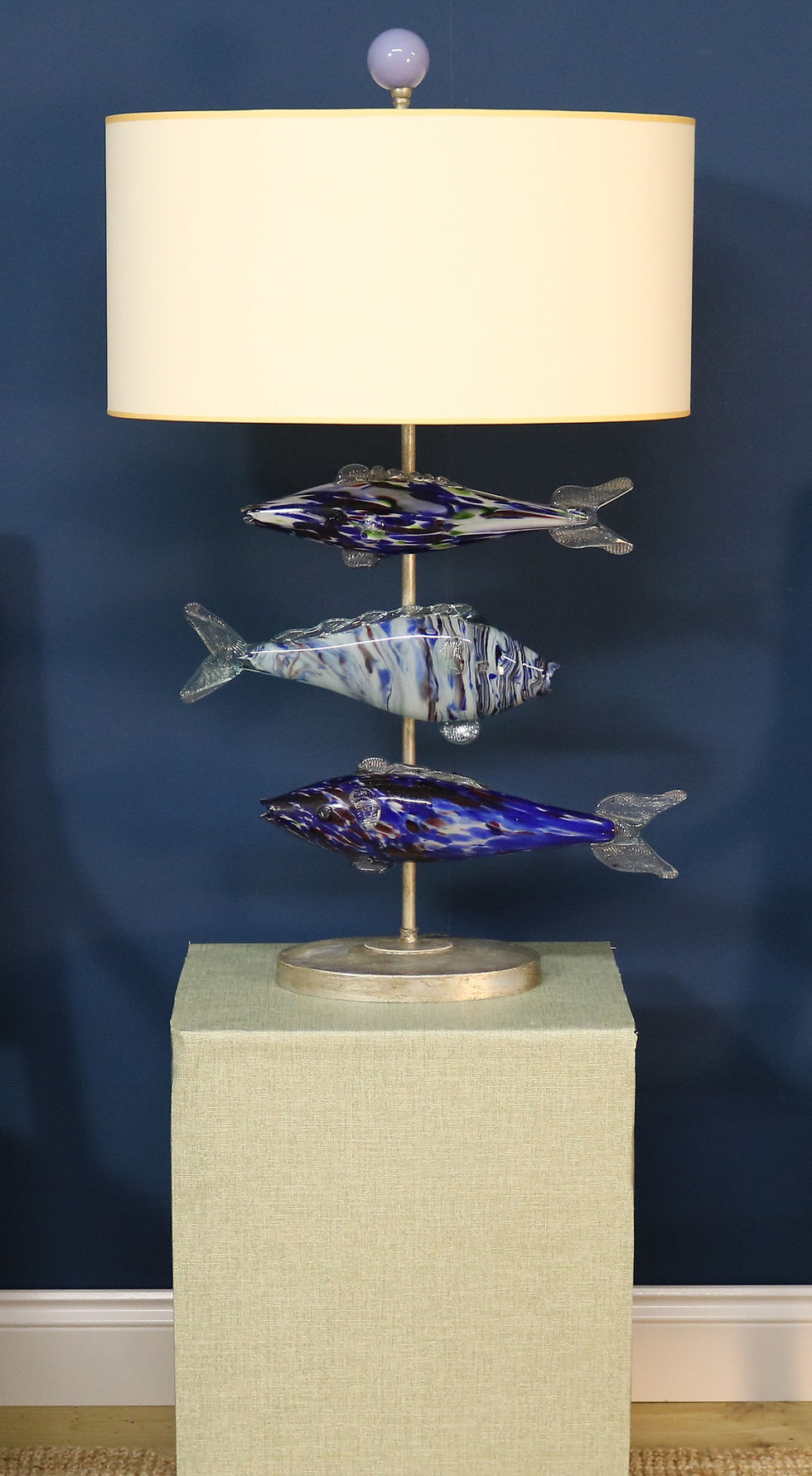Thumbnail: Large Murano Glass Blue Fish Lamps On Oval Brass Bases