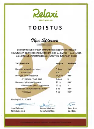 todistus Relaxi hierojakoulu