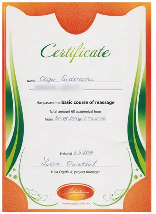 Certificate Basic course of massage