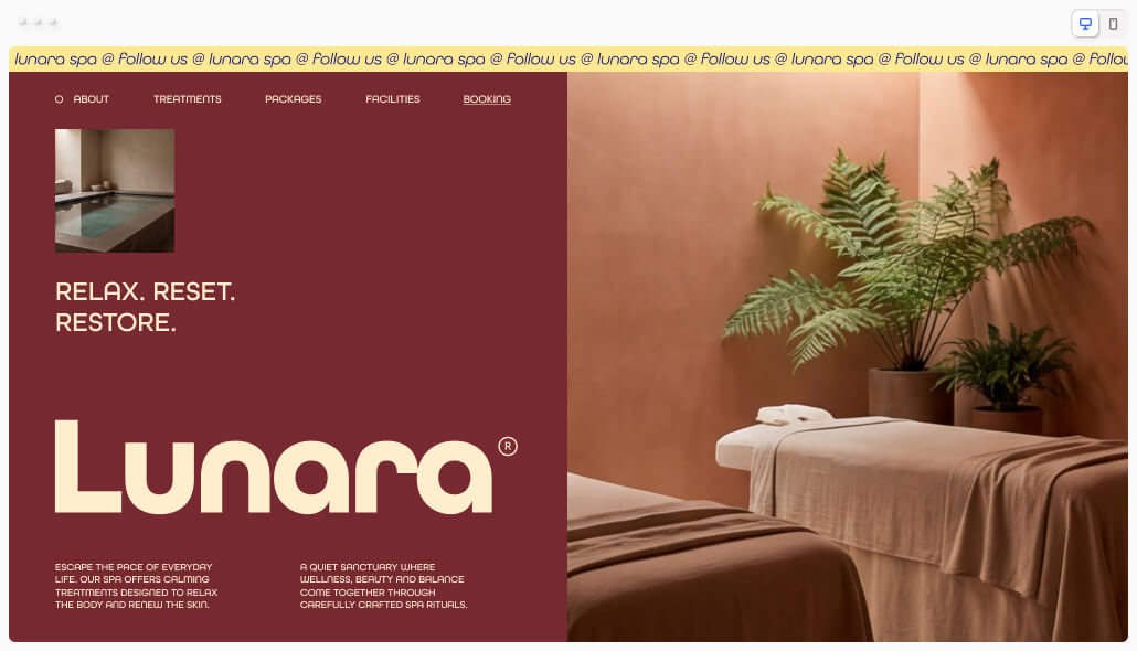 Lunara Spa website homepage featuring a serene treatment room with massage table, warm terracotta walls, and lush green plants alongside the tagline Relax. Reset. Restore.