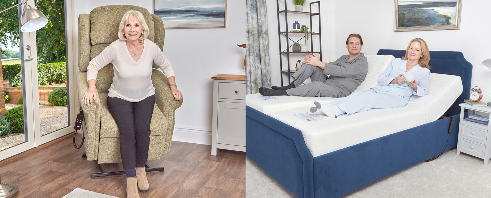 Older lady rising out out riser chair and couple lying comfortably in adjustable bed