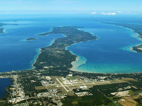 An aerial topographic map of Grand Traverse County and Old Mission Peninsula, Michigan showing the land and water.