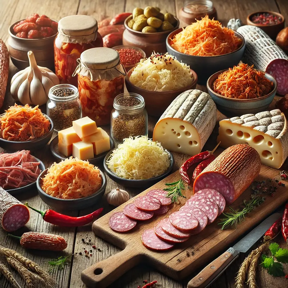 Assorted cheeses, sliced meats, pickles, and garnishes on a wooden table. Rustic jars and vibrant veggies create a cozy, appetizing mood.