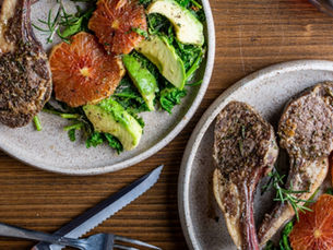 Pan Seared Lamb Chops with Greens and Blood Oranges